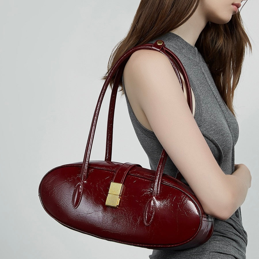 Women's Top Grain Cowhide Single Shoulder Handheld Baguette Bag