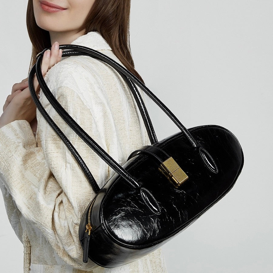 Women's Top Grain Cowhide Single Shoulder Handheld Baguette Bag