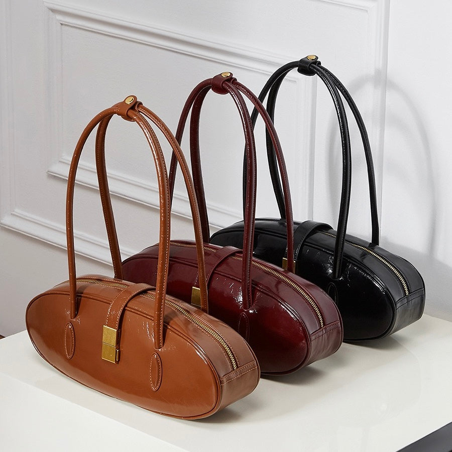 Women's Top Grain Cowhide Single Shoulder Handheld Baguette Bag