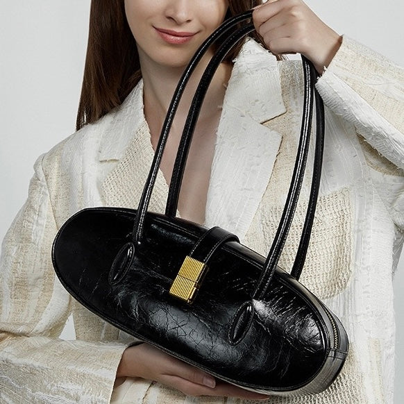 Women's Top Grain Cowhide Single Shoulder Handheld Baguette Bag