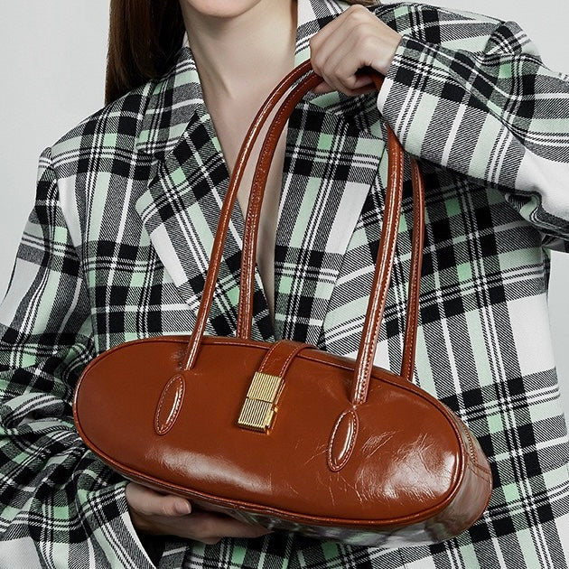 Women's Top Grain Cowhide Single Shoulder Handheld Baguette Bag