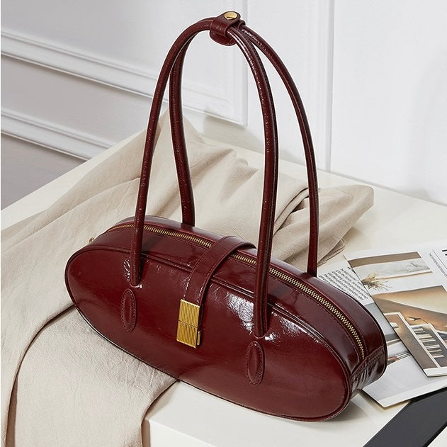 Women's Top Grain Cowhide Single Shoulder Handheld Baguette Bag