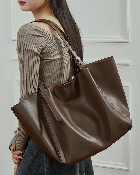 Bolso Tote Minimalista de Cuero Genuino – Esencial Espacioso para el Día a Día de Mujer