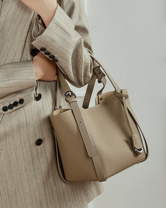 Bolso tipo cubo elegante para mujer de cuero genuino Togo con bolsa pequeña