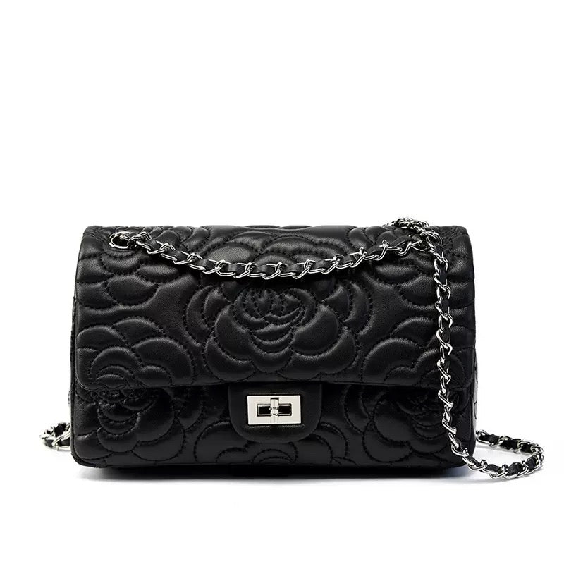 Bolso bandolera acolchado de piel auténtica de oveja para mujer con cadena y camelia