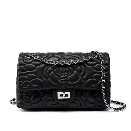Women’s Genuine Sheepskin Quilted Camellia Chain Crossbody Bag
