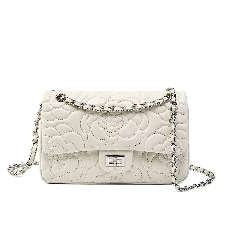 Bolso bandolera acolchado de piel auténtica de oveja para mujer con cadena y camelia
