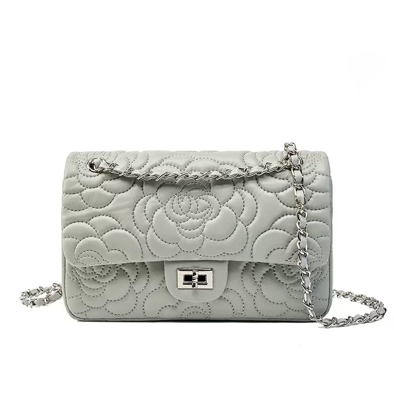 Bolso bandolera acolchado de piel auténtica de oveja para mujer con cadena y camelia
