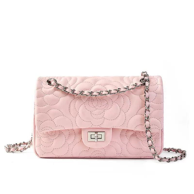 Bolso bandolera acolchado de piel auténtica de oveja para mujer con cadena y camelia