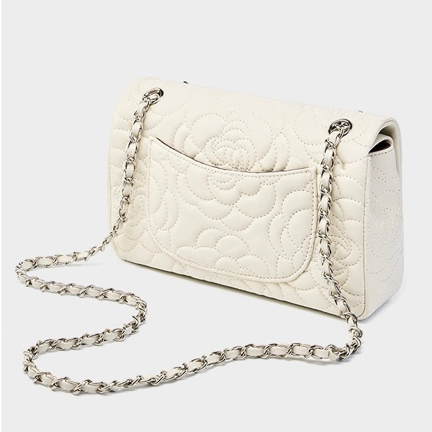 Bolso bandolera acolchado de piel auténtica de oveja para mujer con cadena y camelia