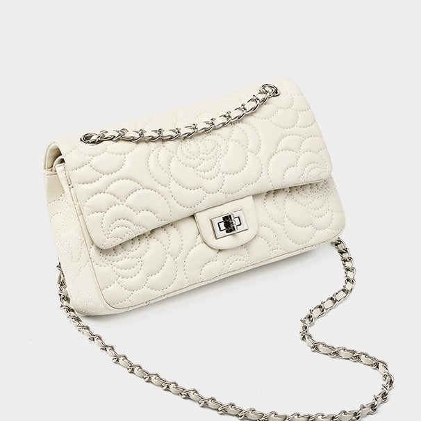 Bolso bandolera acolchado de piel auténtica de oveja para mujer con cadena y camelia