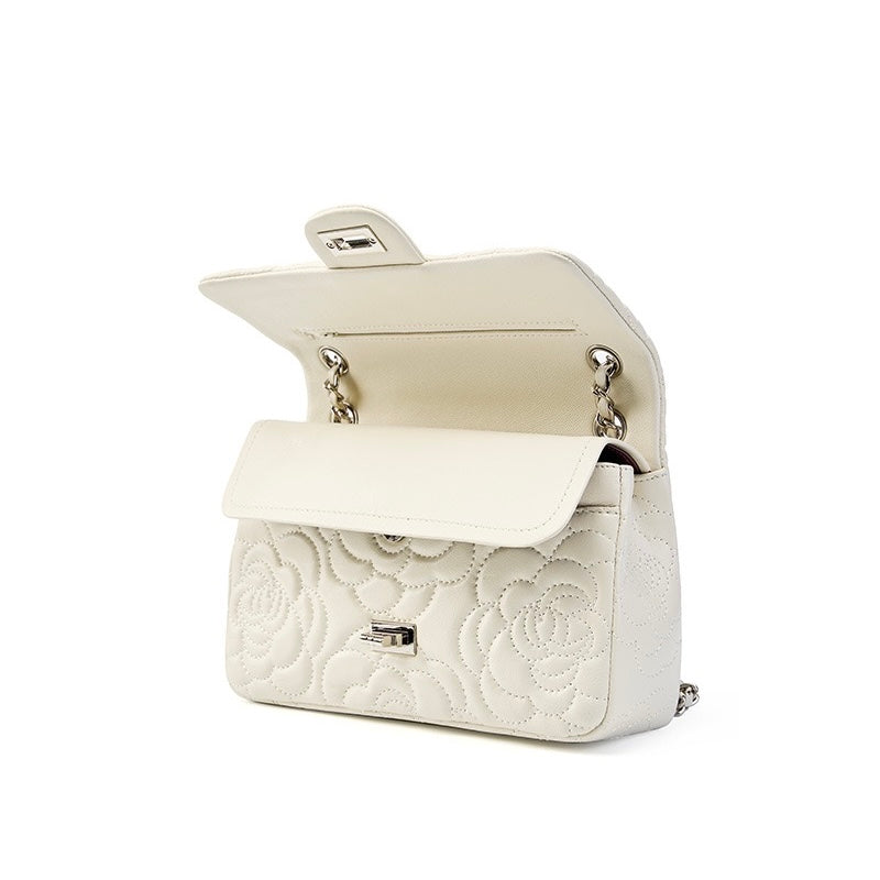 Bolso bandolera acolchado de piel auténtica de oveja para mujer con cadena y camelia