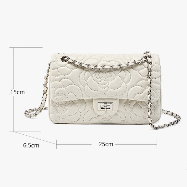 Bolso bandolera acolchado de piel auténtica de oveja para mujer con cadena y camelia