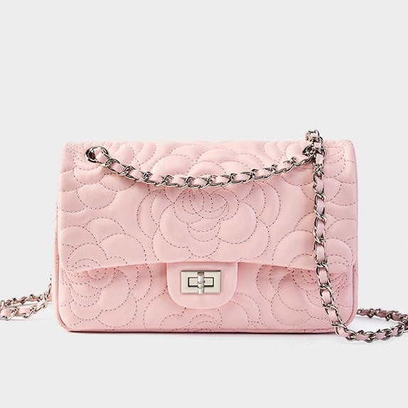 Bolso bandolera acolchado de piel auténtica de oveja para mujer con cadena y camelia
