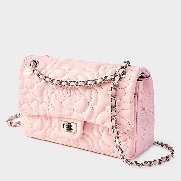Bolso bandolera acolchado de piel auténtica de oveja para mujer con cadena y camelia