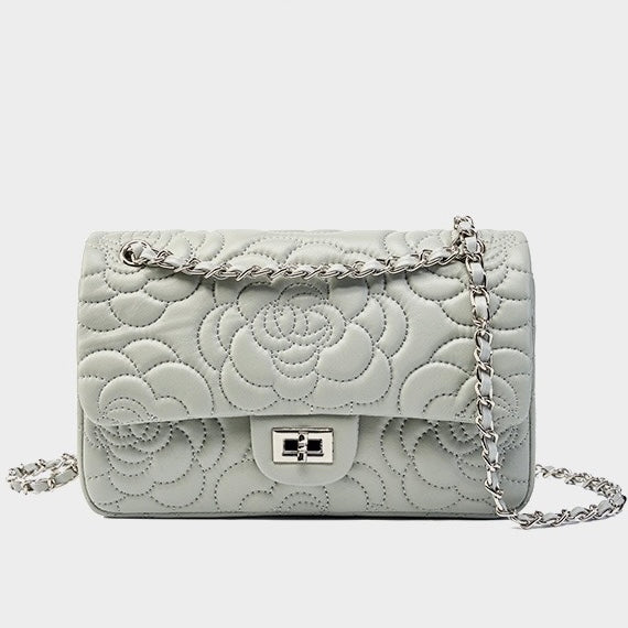 Bolso bandolera acolchado de piel auténtica de oveja para mujer con cadena y camelia