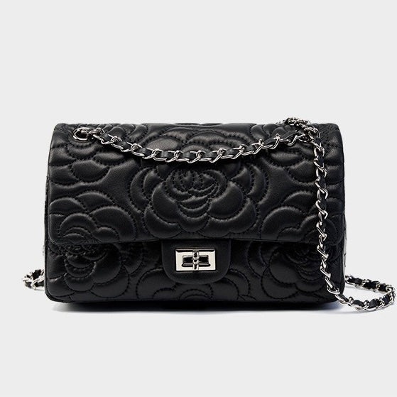 Bolso bandolera acolchado de piel auténtica de oveja para mujer con cadena y camelia