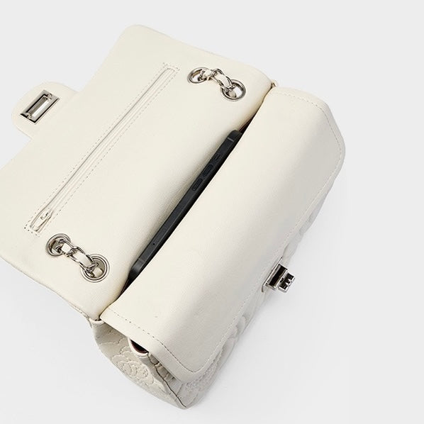 Bolso bandolera acolchado de piel auténtica de oveja para mujer con cadena y camelia