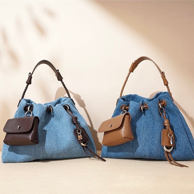 Women's Genuine Leather Denim Patchwork Cool Hobo Bag