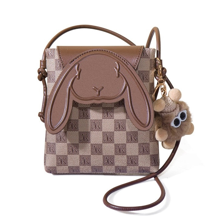 Plaid Cute Collision Rabbit Mini-Umhängetasche aus echtem Leder