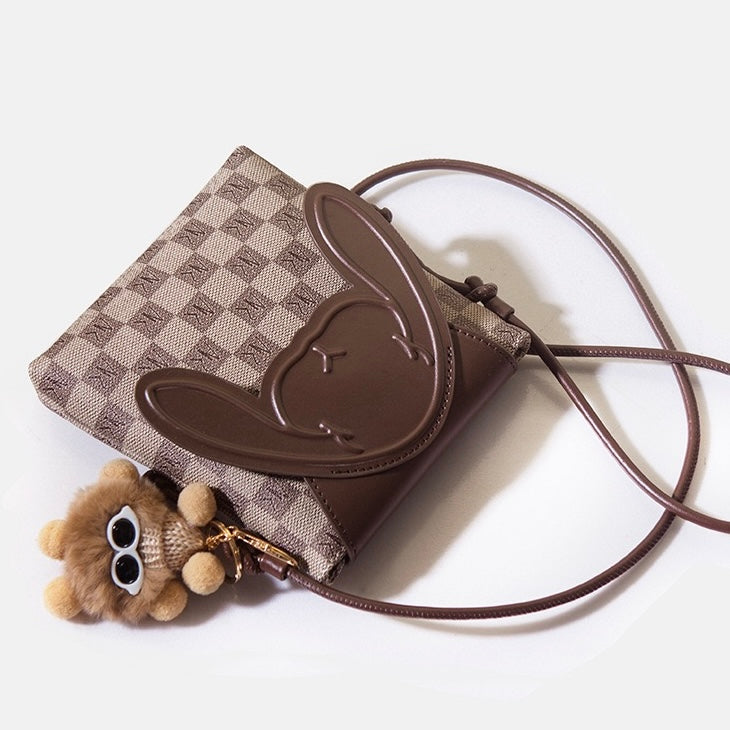 Plaid Cute Collision Rabbit Mini-Umhängetasche aus echtem Leder