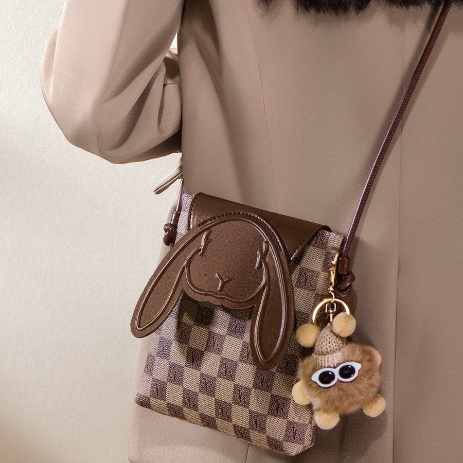 Plaid Cute Collision Rabbit Mini-Umhängetasche aus echtem Leder