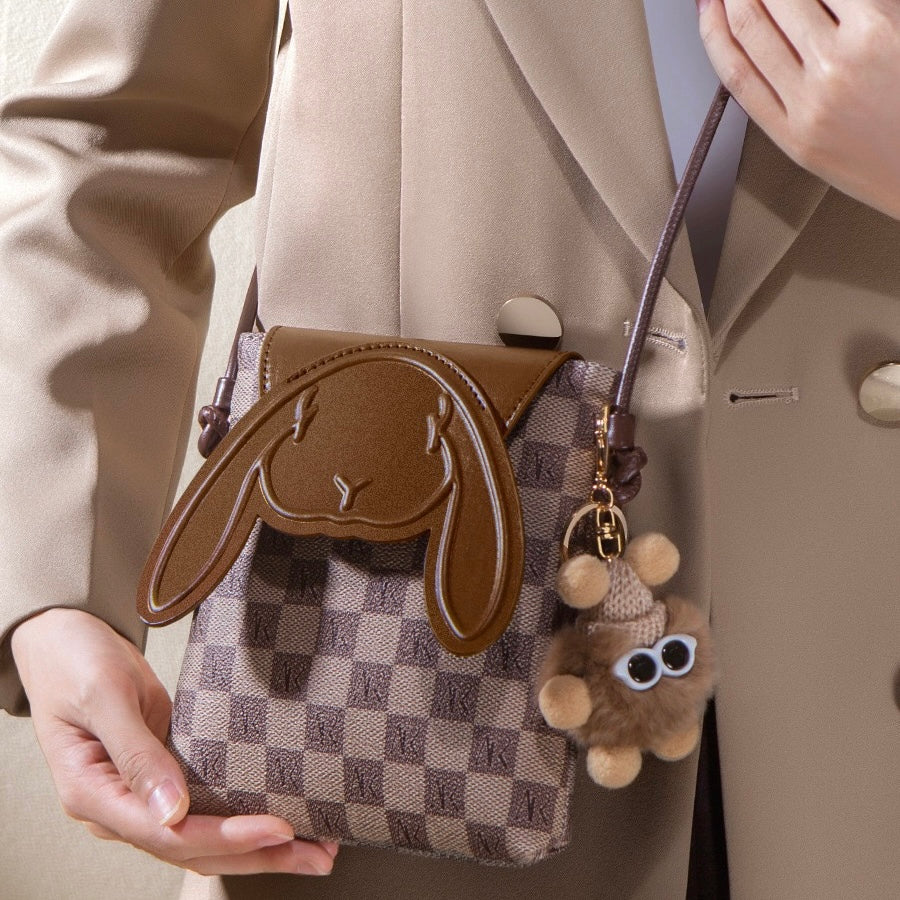 Plaid Cute Collision Rabbit Mini-Umhängetasche aus echtem Leder