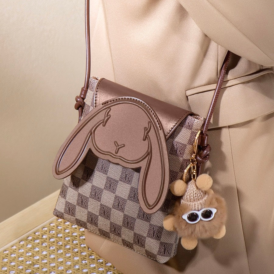 Plaid Cute Collision Rabbit Mini-Umhängetasche aus echtem Leder