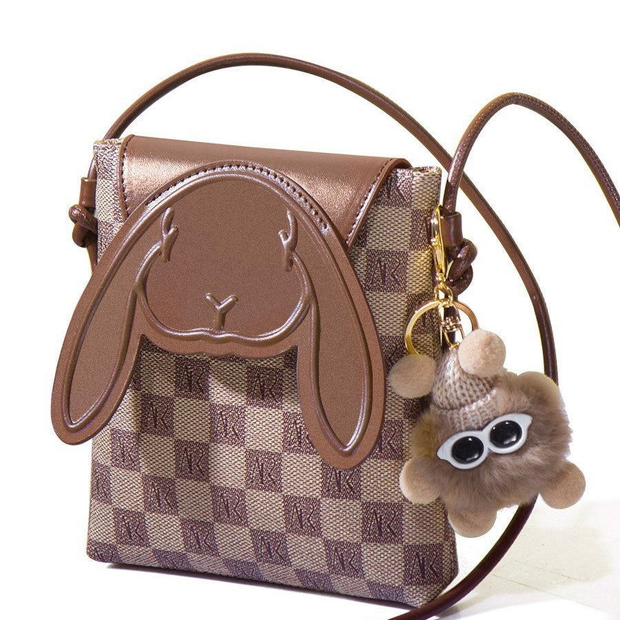 Plaid Cute Collision Rabbit Mini-Umhängetasche aus echtem Leder