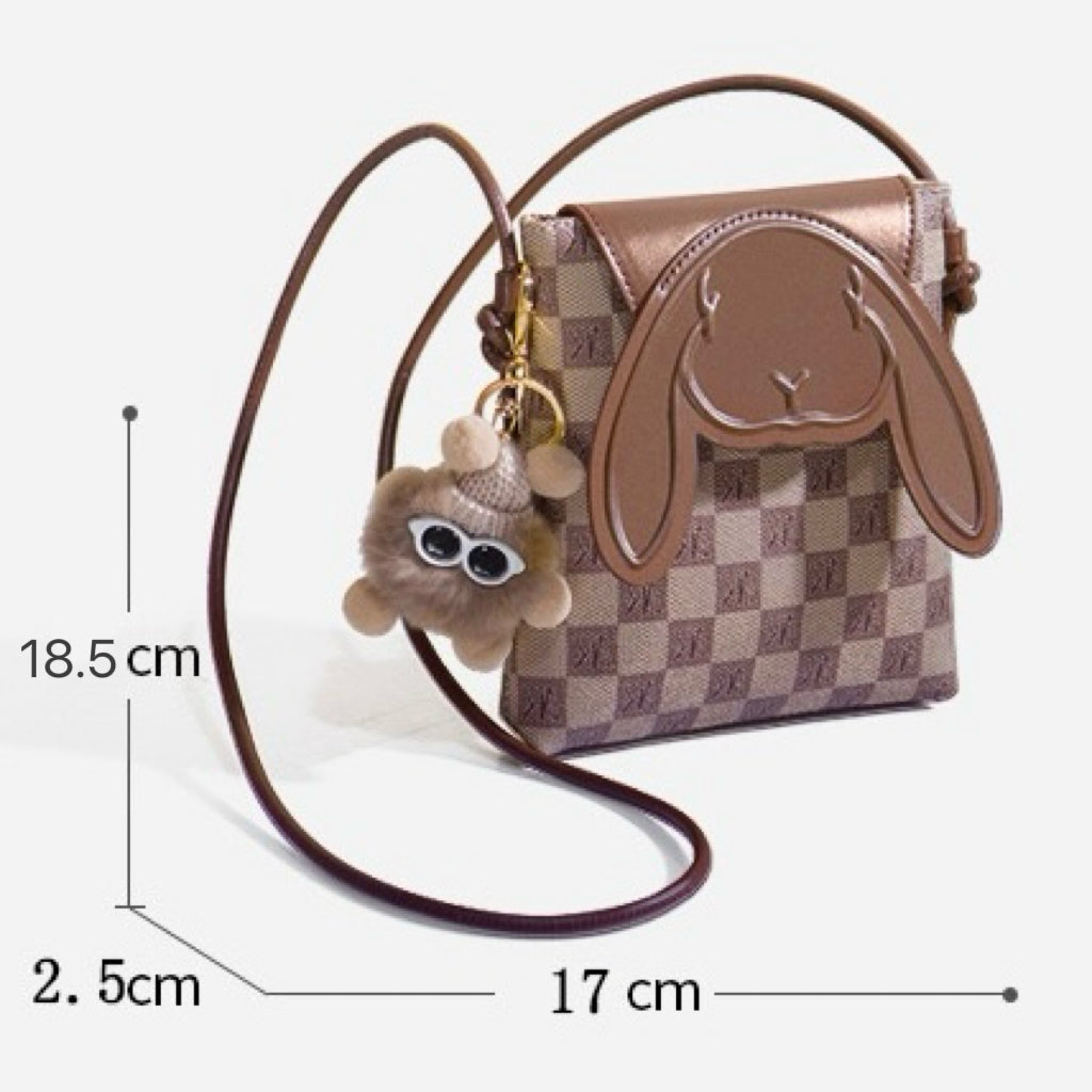 Plaid Cute Collision Rabbit Mini-Umhängetasche aus echtem Leder