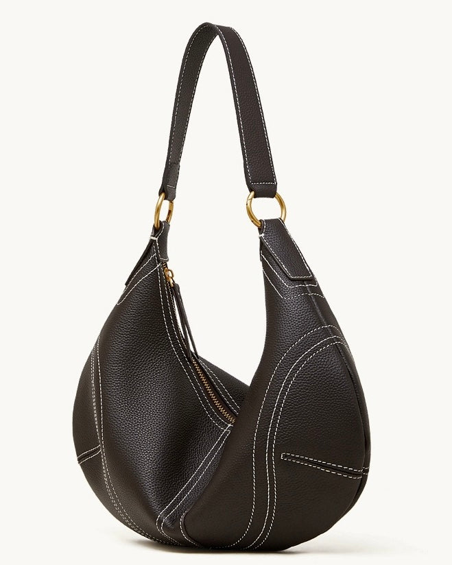 Contrast Stitch Half-Moon Genuine Leather Bag - Versatile 2-Way Carry Hobo