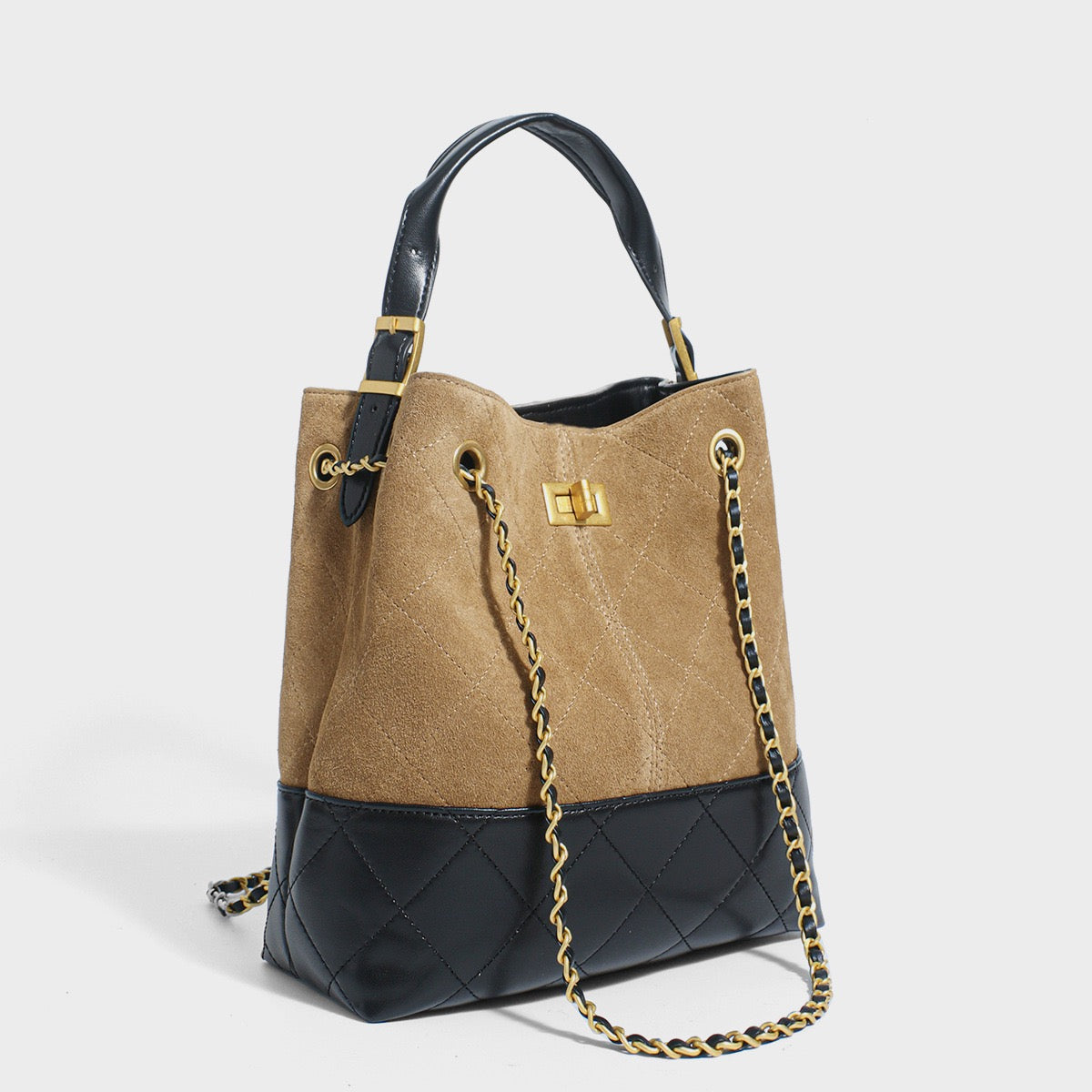 Beuteltasche aus echtem Wildleder mit Farbblock-Kette