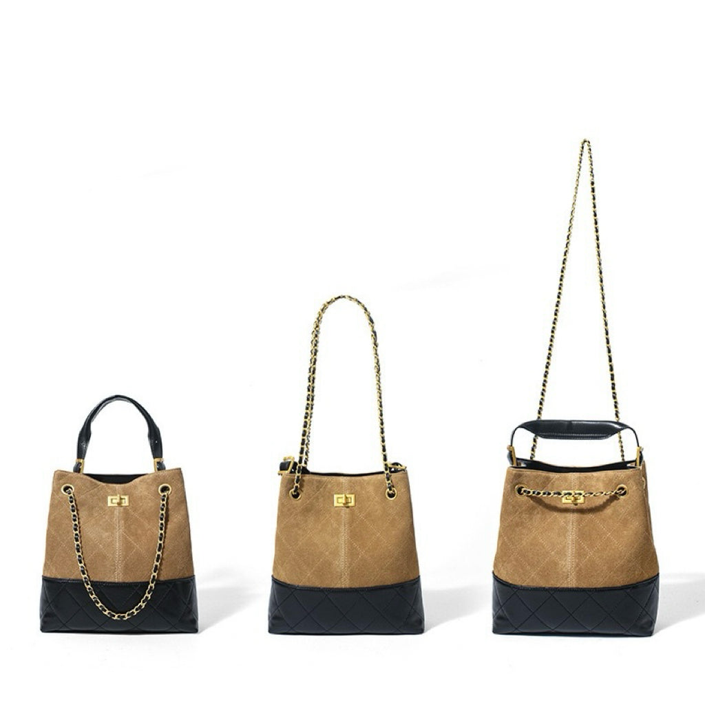 Beuteltasche aus echtem Wildleder mit Farbblock-Kette