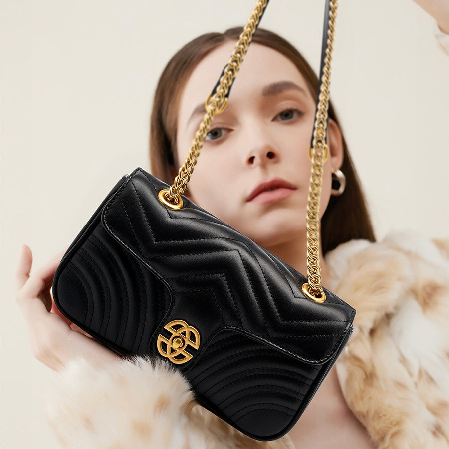 Sac bandoulière en cuir véritable pour femme avec chaîne et diamants Love