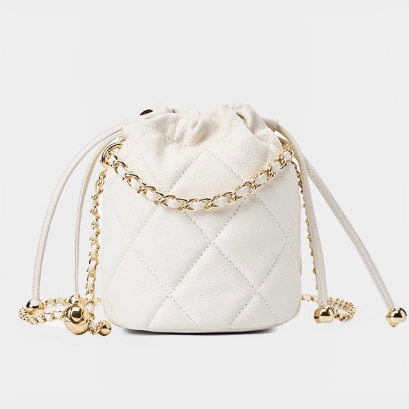 Bolso tipo cubo elegante de cuero genuino para mujer con correa de cadena