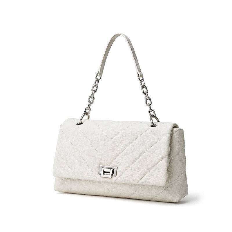 Chain-Embellished V-Quilted Genuine Leather Shoulder Bag