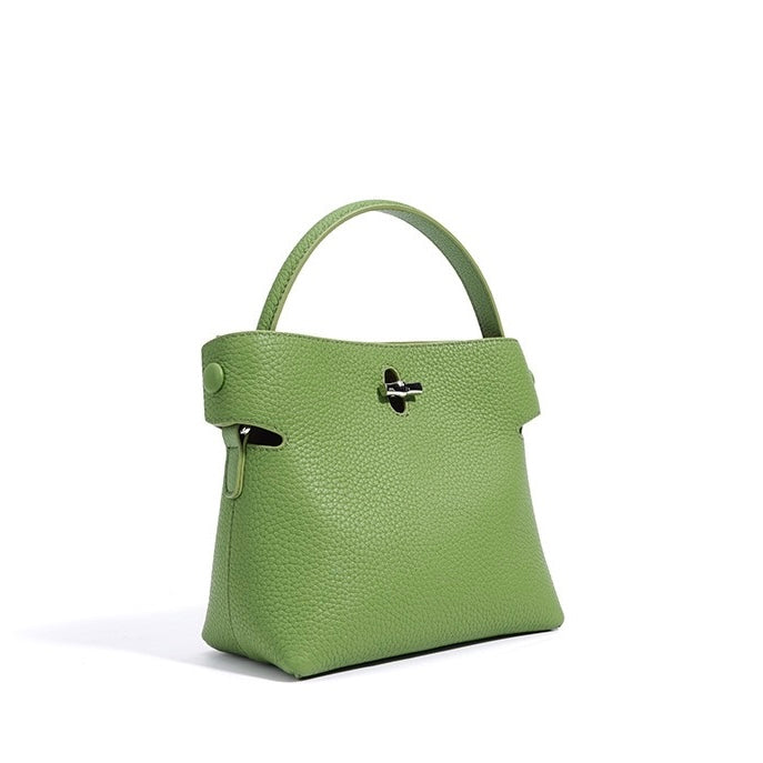 Women's Genuine Cowhide Elegant Bucket Bag Bamboo Handle Tote