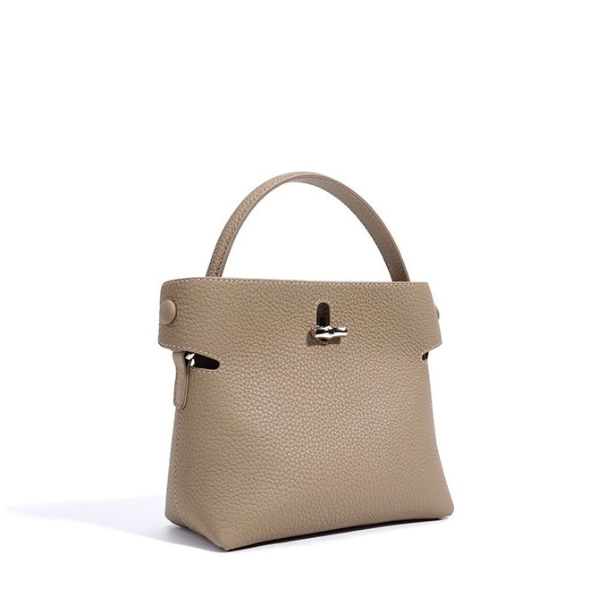 Women's Genuine Cowhide Elegant Bucket Bag Bamboo Handle Tote