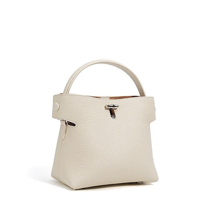 Women's Genuine Cowhide Elegant Bucket Bag Bamboo Handle Tote
