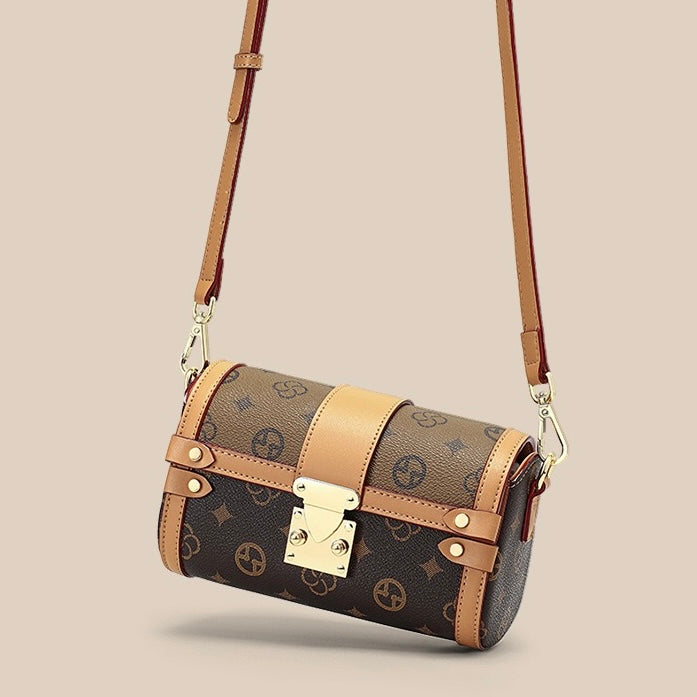 Monogram Print Faux Leather Buckle-Accent Barrel Crossbody Bag