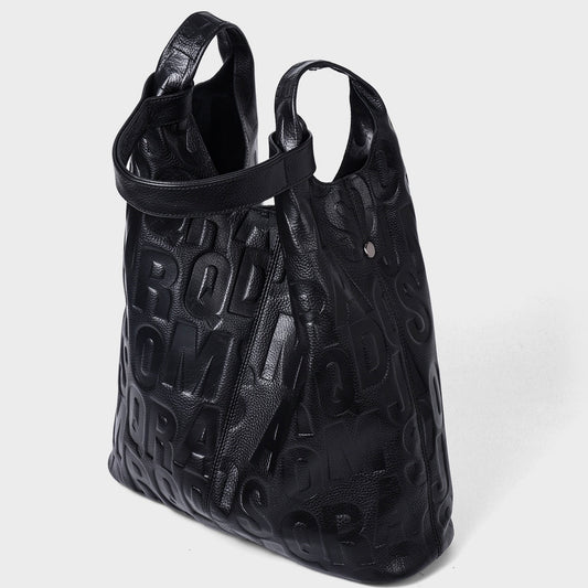 Bolso Hobo de Cuero Genuino Negro con Letras en Relieve