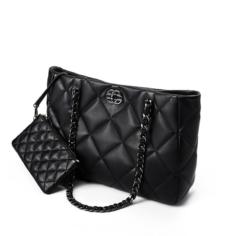 Classic Quilted Genuine Leather Bag - Luxury Chain Strap Tote with Mini Pouch