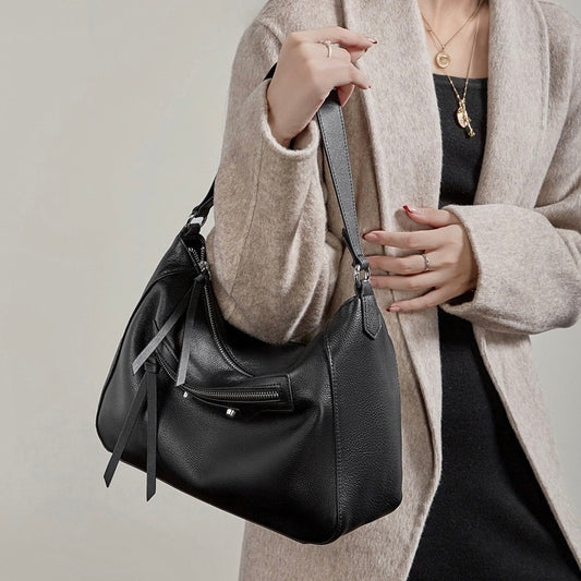 Urban Moto Genuine Leather Bag - Edgy Pebbled Shoulder Hobo with Tassels