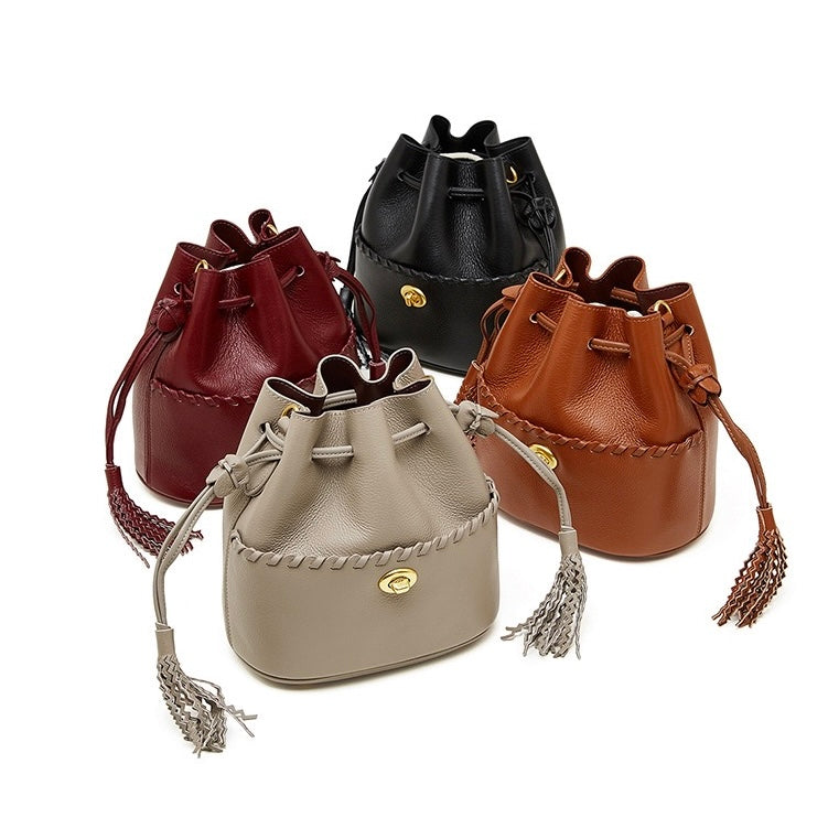 Damen Echtleder Neue Bucket Fringe Handtasche Umhängetasche