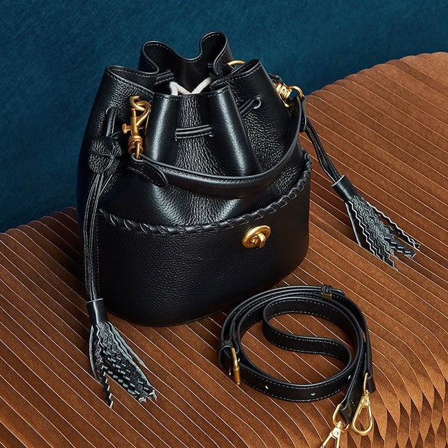 Damen Echtleder Neue Bucket Fringe Handtasche Umhängetasche