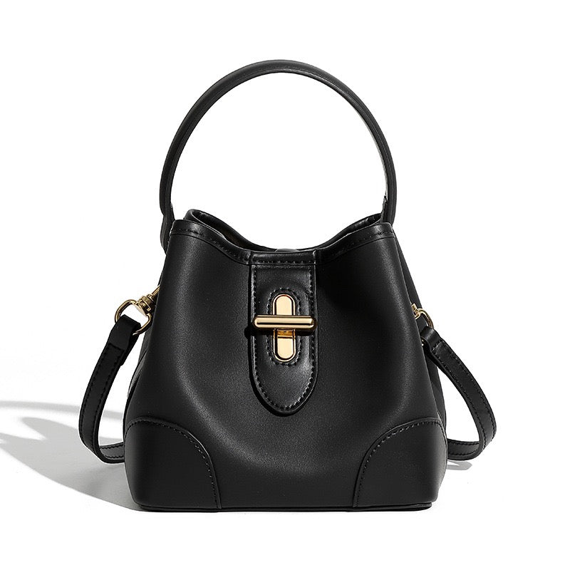 Mini-Eimer-Handtasche aus echtem Leder mit Premium-Verschluss, Umhängetasche für Damen