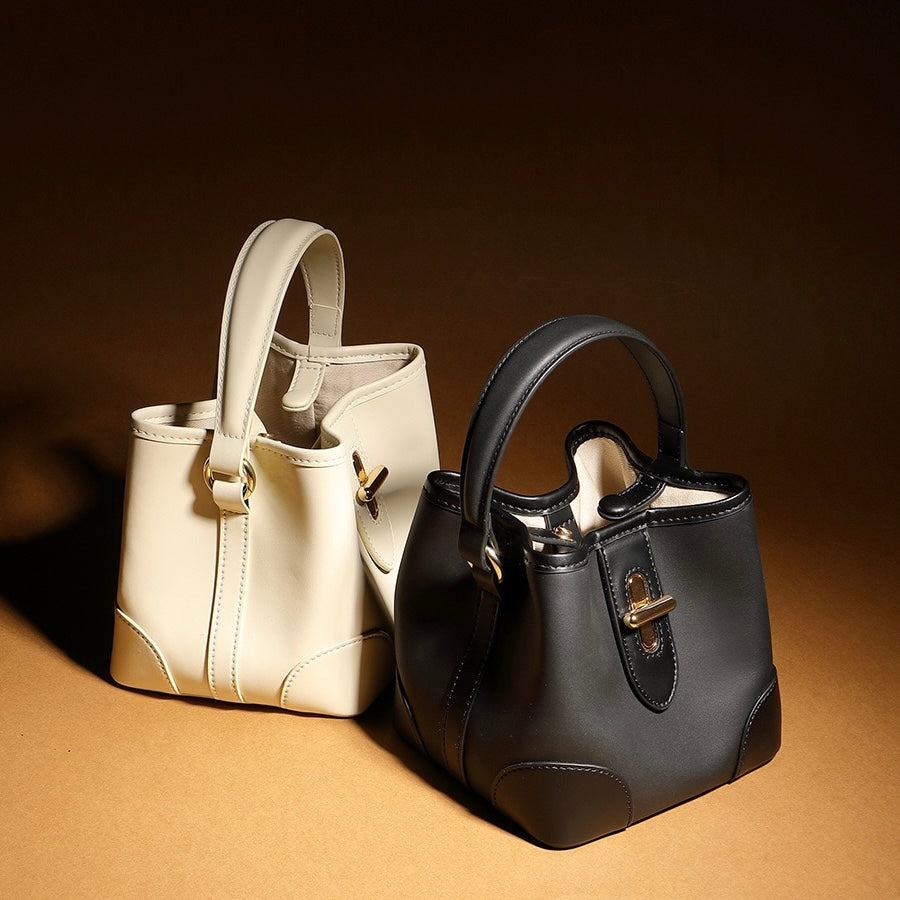 Mini-Eimer-Handtasche aus echtem Leder mit Premium-Verschluss, Umhängetasche für Damen