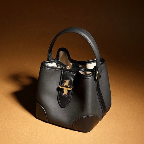 Mini-Eimer-Handtasche aus echtem Leder mit Premium-Verschluss, Umhängetasche für Damen