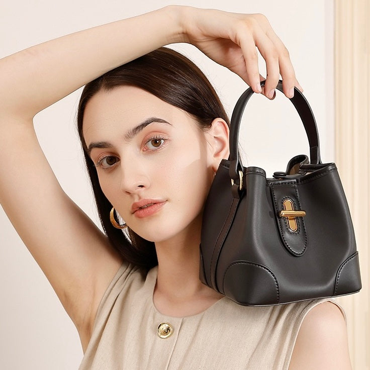 Mini-Eimer-Handtasche aus echtem Leder mit Premium-Verschluss, Umhängetasche für Damen