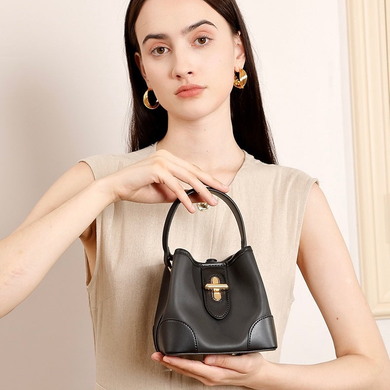 Mini-Eimer-Handtasche aus echtem Leder mit Premium-Verschluss, Umhängetasche für Damen